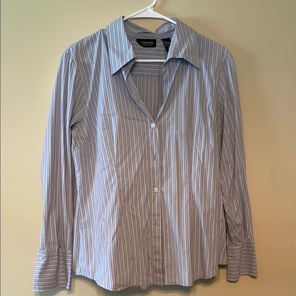 New York & Company Blue Striped Button Down Shirt